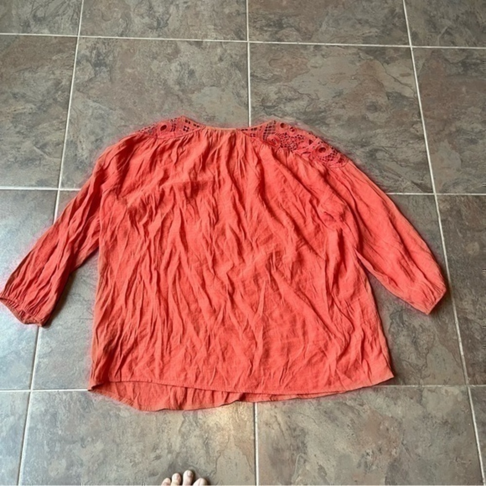 Zac & Rachel Woman Coral Boho Crochet Yoke Peasant Blouse Top Large Cottagecore - Picture 7 of 8